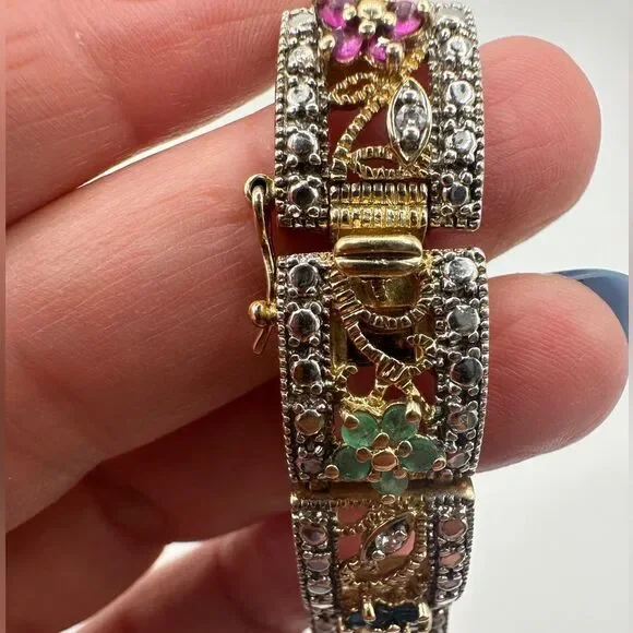 7.25" AMAZING 14k over 925, ruby, sapphire, emerald and diamond bracelet! - Picture 4 of 10